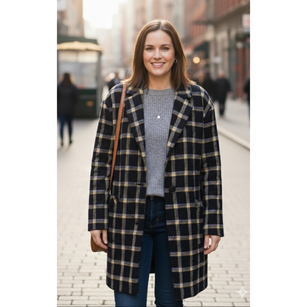 Derek Lam Crosby Coat Women 14 Black Yellow Plaid Wool Blend Designer